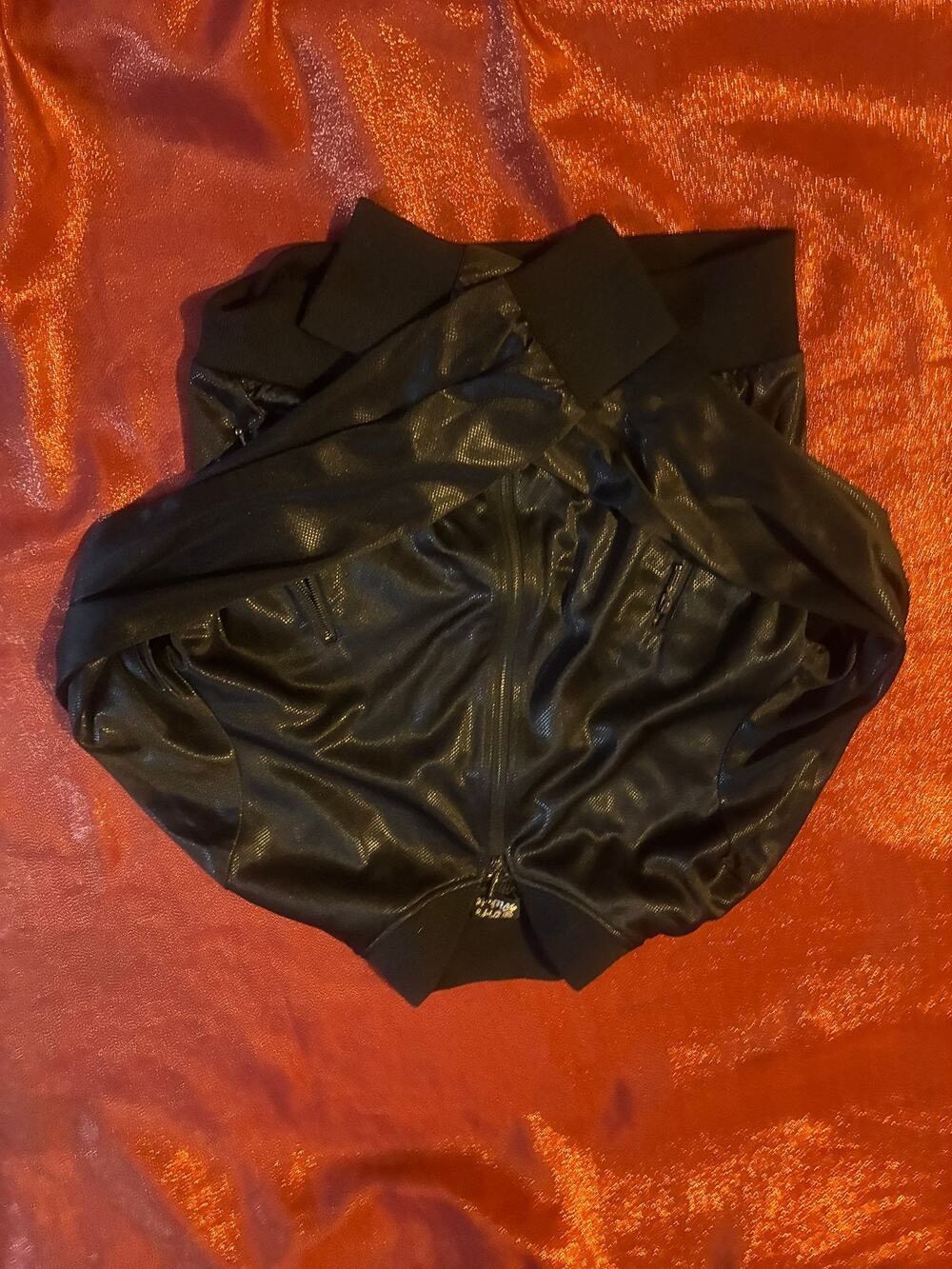 Girls 9/10 Black Faux Leather Bomber Jacket Shiny Ribbed Collar Cuffs Pockets